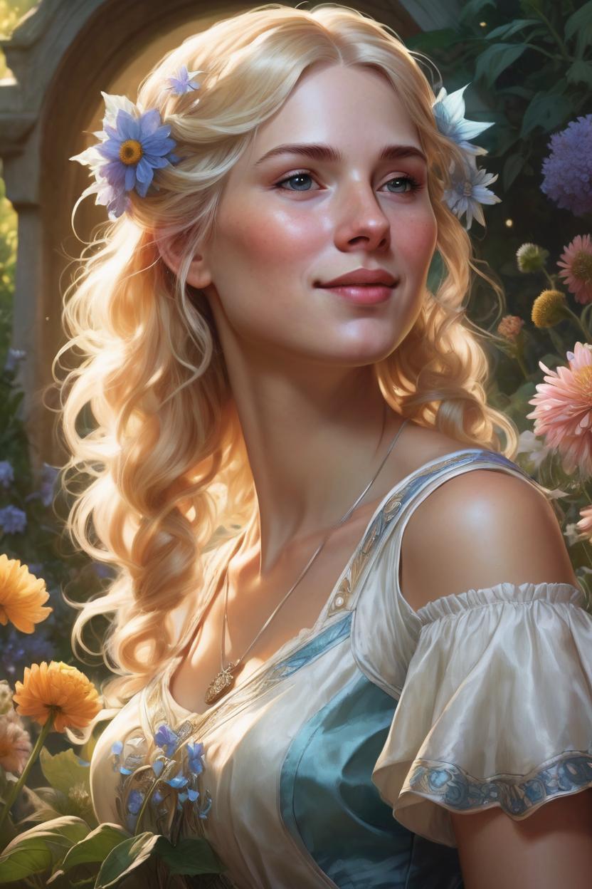 Artificial Intelligence (AI) generated image art, woman, ((portrait)), beautiful blonde haired fairy princess, highly detailed illustration, in a garden holding a bunch of wild flowers, deep focus, d & d, fantasy, intricate, elegant, highly detailed, digital painting, artstation, concept art, sunset, matte, sharp focus, illustration, hearthstone, art by artgerm and greg rutkowski and alphonse mucha and marco mazzoni