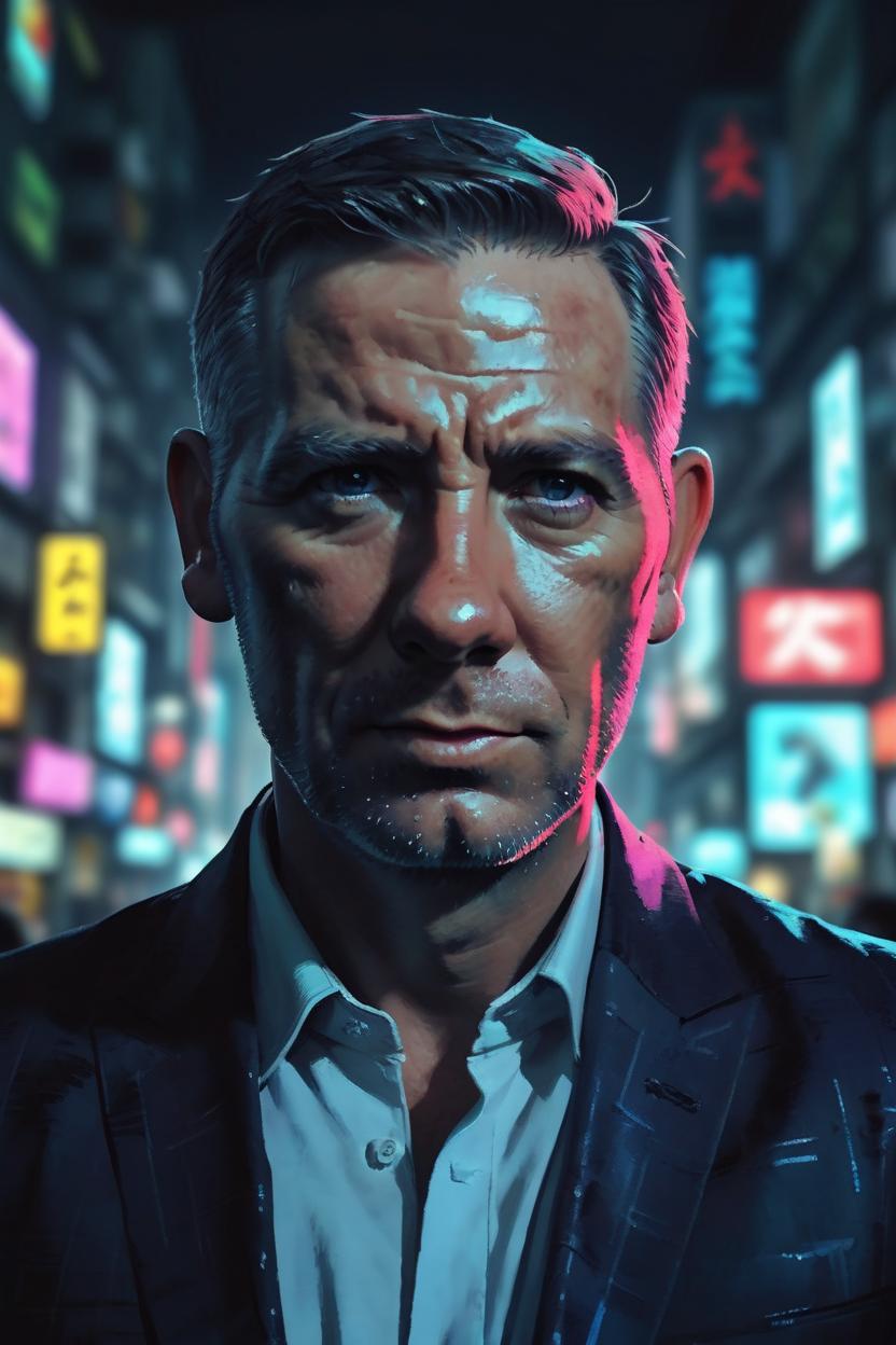 Artificial Intelligence (AI) generated image art, man, portrait, James Bond, art by Greg Rutkowski, in Tokyo, highly detailed, 4k, sharp focus, cyberpunk, neon lighting