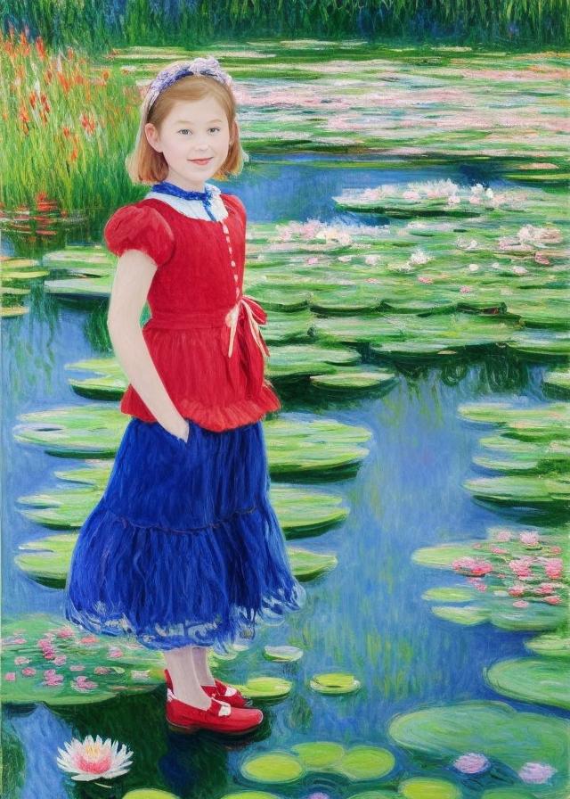 Artificial Intelligence (AI) generated image art, person, portrait, as 9 year old girl picking colorful wildflowers in the garden, next to a lake with waterlilys floating on the surface, Monet painting, by Claude Monet, (person) has sandy blonde short hair, big blue eyes, she is wearing a mid century Victorian style coral colored dress. (Accurate likeness to Model) (felicity) Is beautiful next to the lilacs in spring, waterlily Monet painting, accurate portrait, (person) is the innocence of a child playing