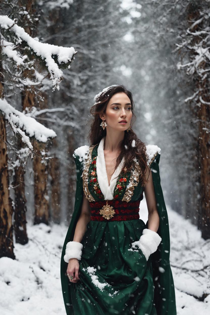 Artificial Intelligence (AI) generated image art, A photo of woman, outdoors, snow, Dolce & Gabbana, Richard Avedon style, Compose a fashion editorial featuring a Canon EOS-1D X Mark III, taking advantage of its fast burst rate and advanced autofocus system, detailed face, ultra realism