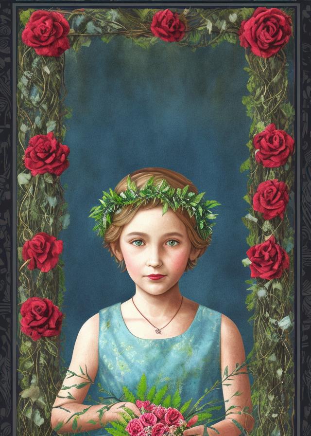 Artificial Intelligence (AI) generated image art, person, as Greek goddess Persephone, holding decaying flowers in one hand,black and blue underworld background, sandy blonde short hair, innocent looking, blue eyes, deep red rose flower crown looking ethereal and serene, in the style of tarot card art, pink aura, living ferns and vines with thorns mixed with dead flower and decaying vines border the frame around her. Blue Fog rises in background, she is 9 years old (realistic) (realism)