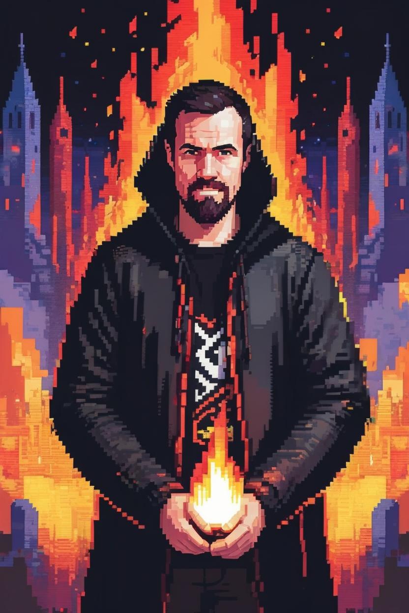 Artificial Intelligence (AI) generated image art, man, (((portrait))), (fantasy rogue), pixelated, 8-bit, wearing a black cloak, with fire in the background.