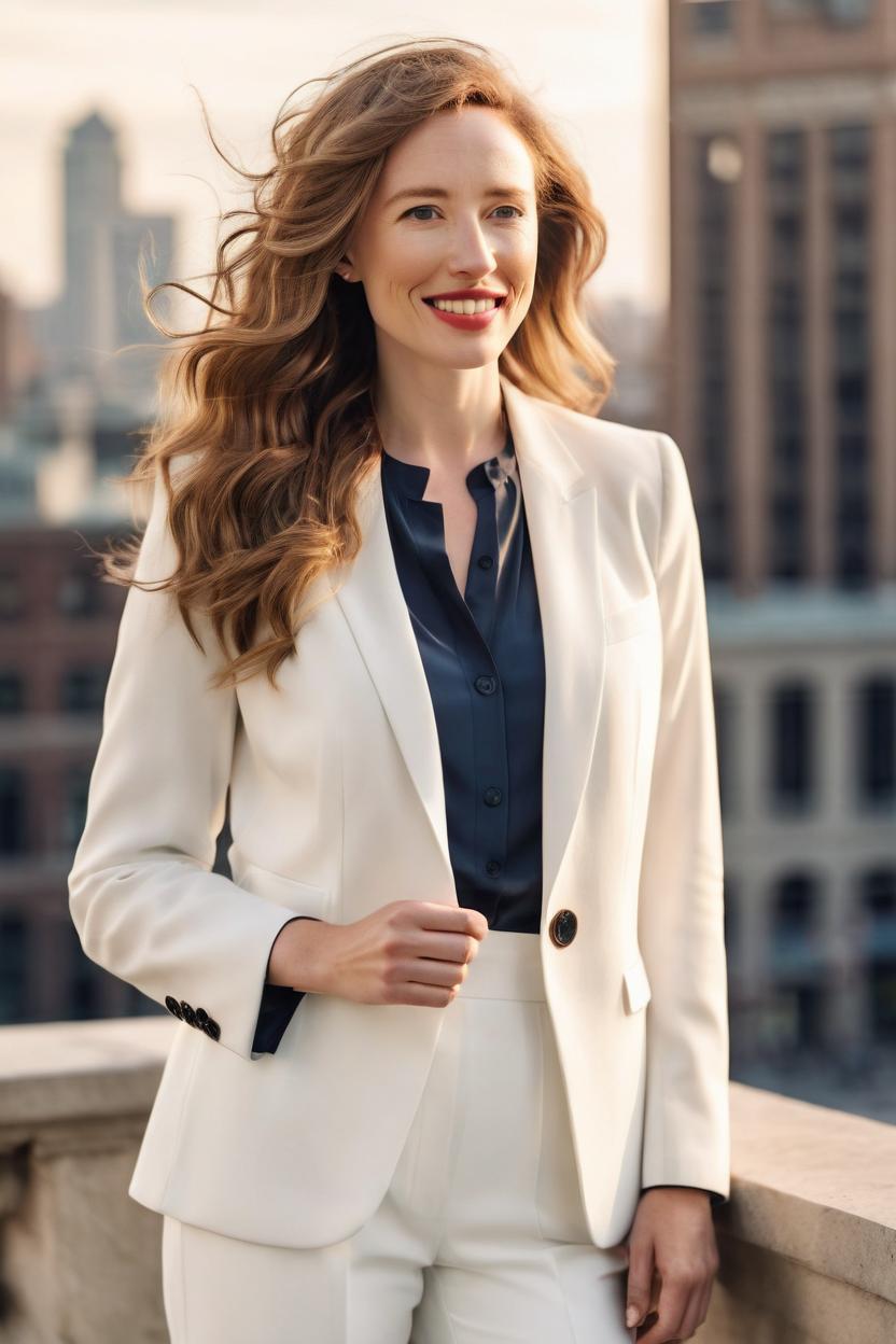 Artificial Intelligence (AI) generated image art, woman, In a white, tailored blazer with a single button. Hair styled in loose, flowing waves. Facial expression is calm, with a hint of confidence. Lighting is soft and diffused, imitating natural sunlight. blurred background of cityscape or architectural elements, indicating an urban setting. warm and natural tone colors. The overall mood of the image should evoke a sense of empowerment and sophisticated style. by gaston bussiere, bayard wu, greg rutkowski, giger, maxim verehin
