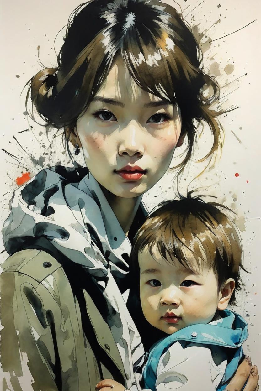 Artificial Intelligence (AI) generated image art, handsome portrait of beautiful female and baby A2222, man (leave space above head), (coloured ink drawing), ((art by yoji shinkawa))