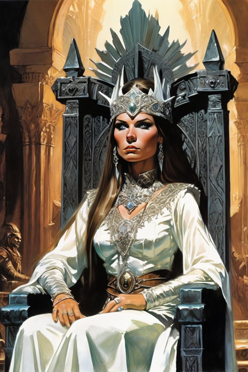 Artificial Intelligence (AI) generated image art, woman, 1970s dark fantasy far perspective illustration dark crystal-style/excalibur 1981-style/conan the barbarian-style/frank frazetta-style epic illustration of a majestic, confident, stunning, young, elven queen, realistic face, hyper realistic expression. Scantily/lightly dressed. Wearing white silk, showing some skin, holding a book. Wearing a large intricate headpiece. Sitting on a tall throne in a big bright throne room. With a very far perspective.