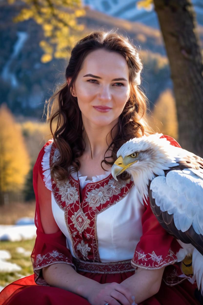 Artificial Intelligence (AI) generated image art, woman, as a 25 year old young and beautiful woman with a majestic Eagle sitting on her arm, wearing a beautiful traditional red and white Polish dress with a light angelic aura around her. In the background are visible beautiful tall trees, farmlands and a snow-capped mountain. Style is photorealistic.