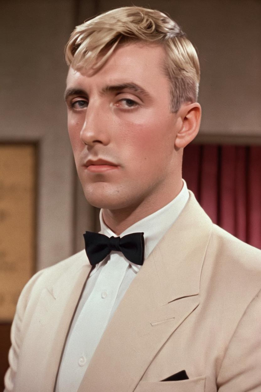 Artificial Intelligence (AI) generated image art, man, (in gentlemen prefer blondes), (technicolor film), (blonde hair), (1950s movie), (movie still), (movie star)
