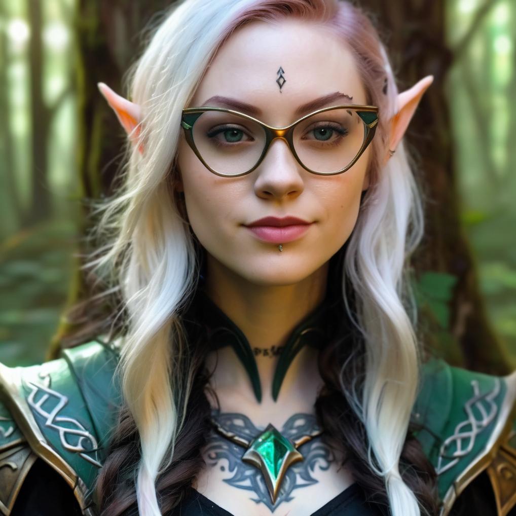 Artificial Intelligence (AI) generated image art, woman, ((portrait)), fantasy wood elf, (pointy elf ears, pale skin, small forehead tattoo)), ((fantasy ranger)), long highlighted hair, close up, facing front, dnd art, (art by Greg Rutkowski), highly detailed, sharp focus, 4k, ((in a forest)), (((magic glow))), glasses