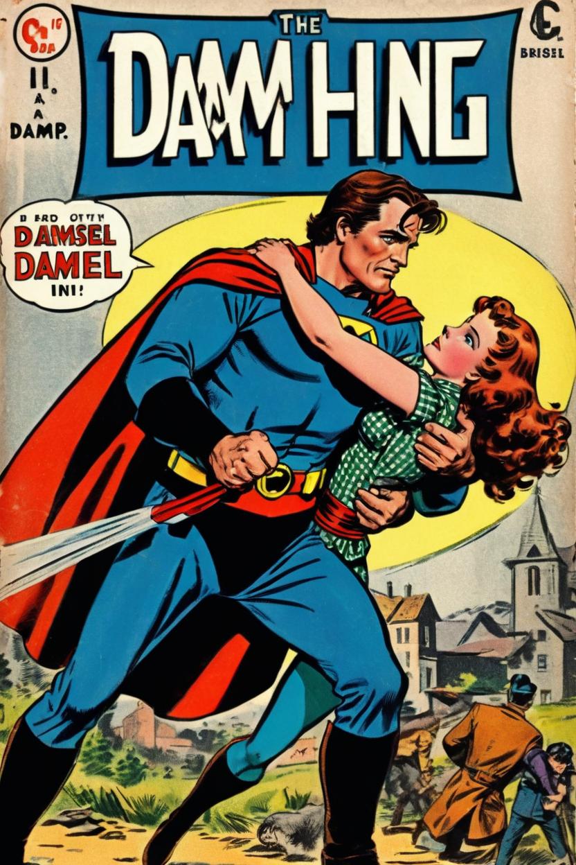Artificial Intelligence (AI) generated image art, man, As the main hero character on the cover of an old superhero comic book, rescuing a damsel in distress.