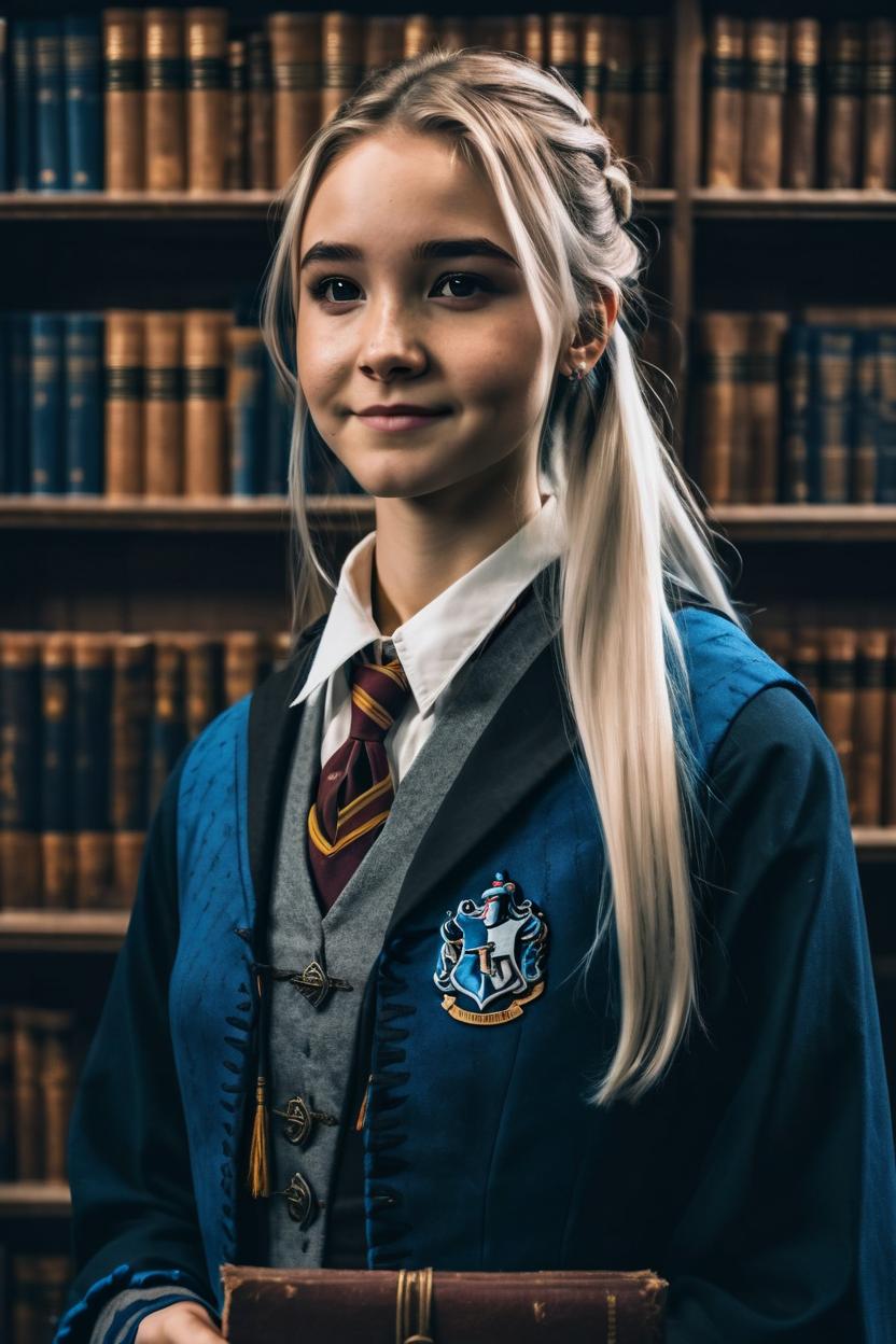 Artificial Intelligence (AI) generated image art, woman, hogwarts ravenclaw, library, student