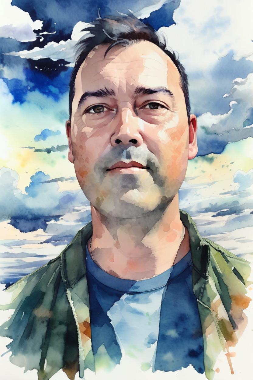 Artificial Intelligence (AI) generated image art, man, portrait, anime, watercolor, clouds