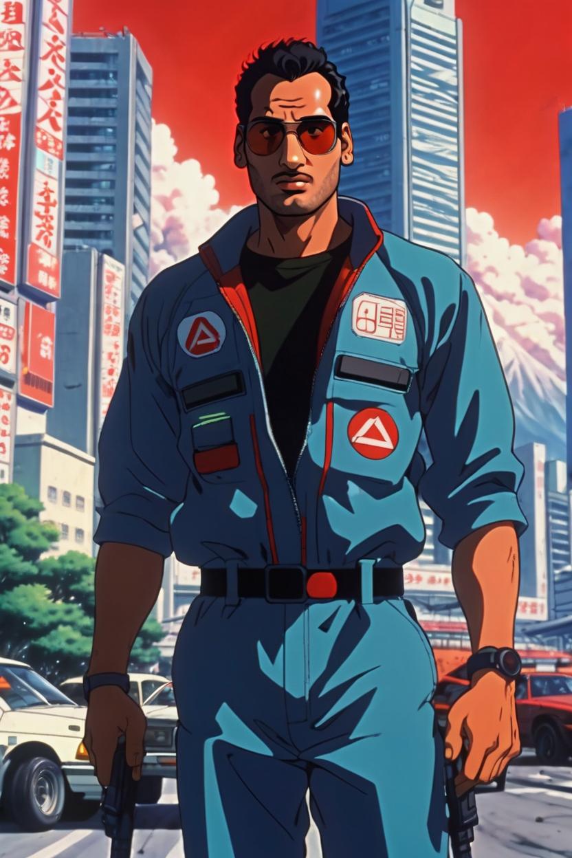 Artificial Intelligence (AI) generated image art, man, (akira 1988 anime film), portrait, scifi city landscape, 90s anime style