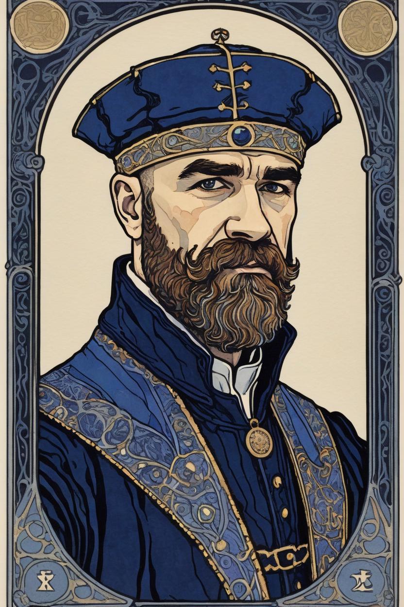 Artificial Intelligence (AI) generated image art, (man), portrait, artwork by Ivan Bilibin, Art Nouveau, tarot card, prince, dressed in black and dark blue, epic