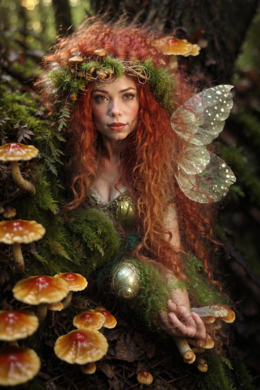 Artificial Intelligence (AI) generated image art, woman woman, Photographic art digital drawing, real fairy faces, Red hair long and wavyusing mushroom and backgrounds in folderin the style of duffy sheridan, j. scott campbell, golden light, hyper-detailed images, , martin rak,
