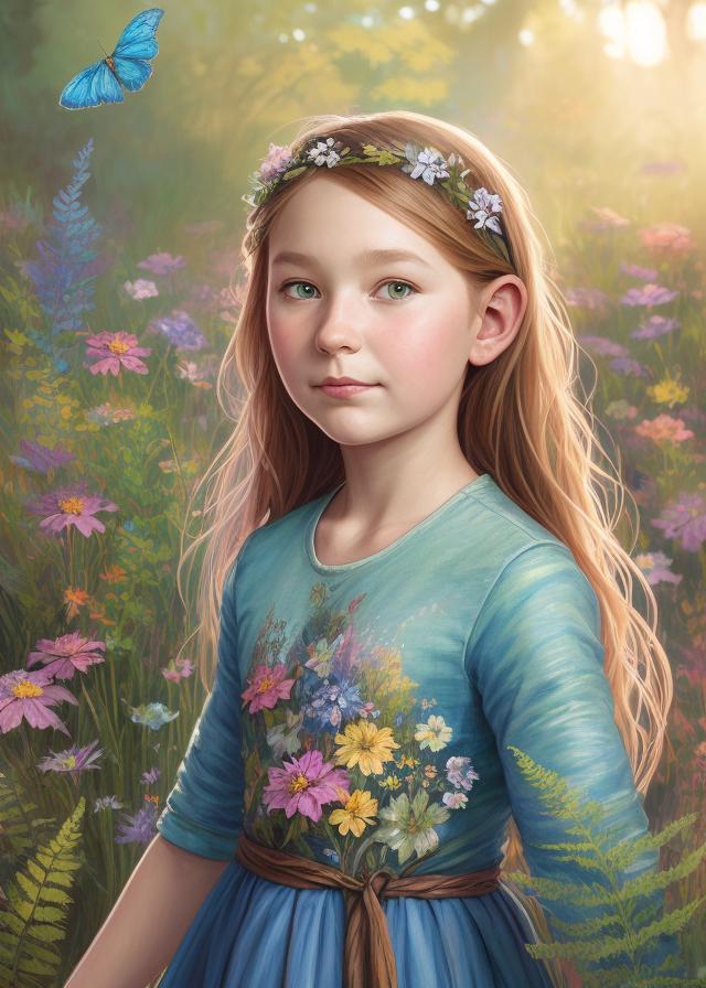 Artificial Intelligence (AI) generated image art, person, ((portrait)), 9 years old girl, beautiful sandy blonde haired fairy princess, highly detailed illustration, in a garden holding a bunch of wild flowers, deep focus, d & d, fantasy, intricate, elegant, highly detailed, digital painting, artstation, concept art, sunset, matte, sharp focus, illustration, hearthstone, art by artgerm and greg rutkowski and alphonse mucha and marco mazzoni, vibrant irredescent colorful flowers every where, ferns surround the meadow