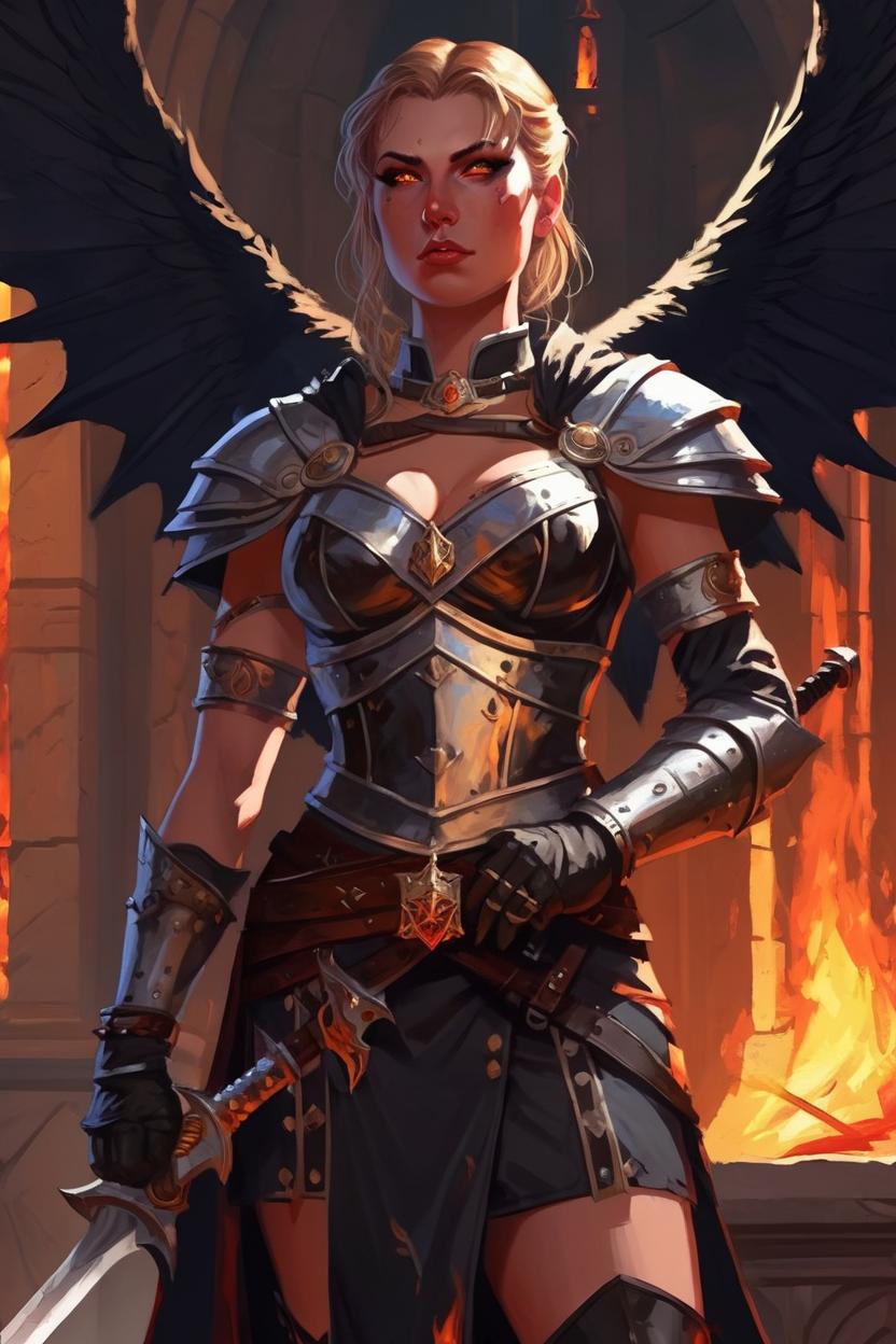 Artificial Intelligence (AI) generated image art, woman, woman, as a holy paladin ruler, scantily clad, midriff showing, but there is a darkness in her eyes, dnd artstyle, digital art, holding flaming sword, dark wings, full body shot, standing in front of a burning chapel