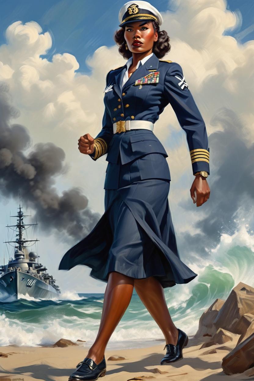 Artificial Intelligence (AI) generated image art, woman, (portrait), ((((full body)))), 1940s allied commander, navy, adventure, pulp novel, WWII propaganda, art by Greg Rutkowsi, highly detailed, sharp focus, 4k, fight scene