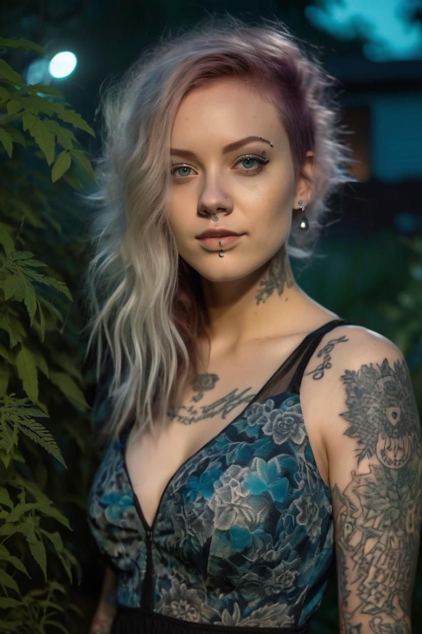 Artificial Intelligence (AI) generated image art, woman, pretty girl, thin nose, eyes, highlighted hair, piercings, 4k, ultra detailed, realistic, photo, intricate detail, feminine, instagram model, tattooed woman, outside at night, in an overgrown garden, wearing a flowing dress, beautiful, artistic, cinematic