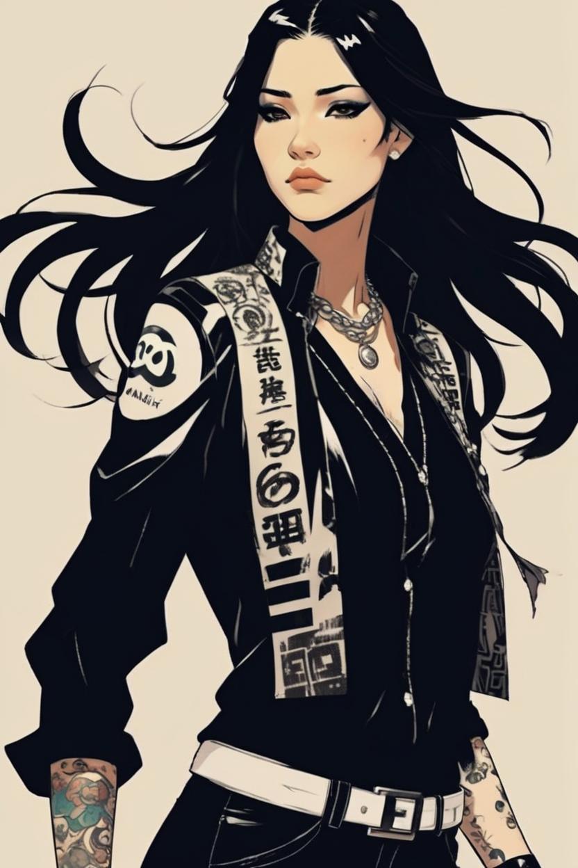 Artificial Intelligence (AI) generated image art, woman is the main character in a manga, wearing all black chanel clothing, shoulders arms and neck are tattoed, long black hair, in graphic novel frank miller style, digital art