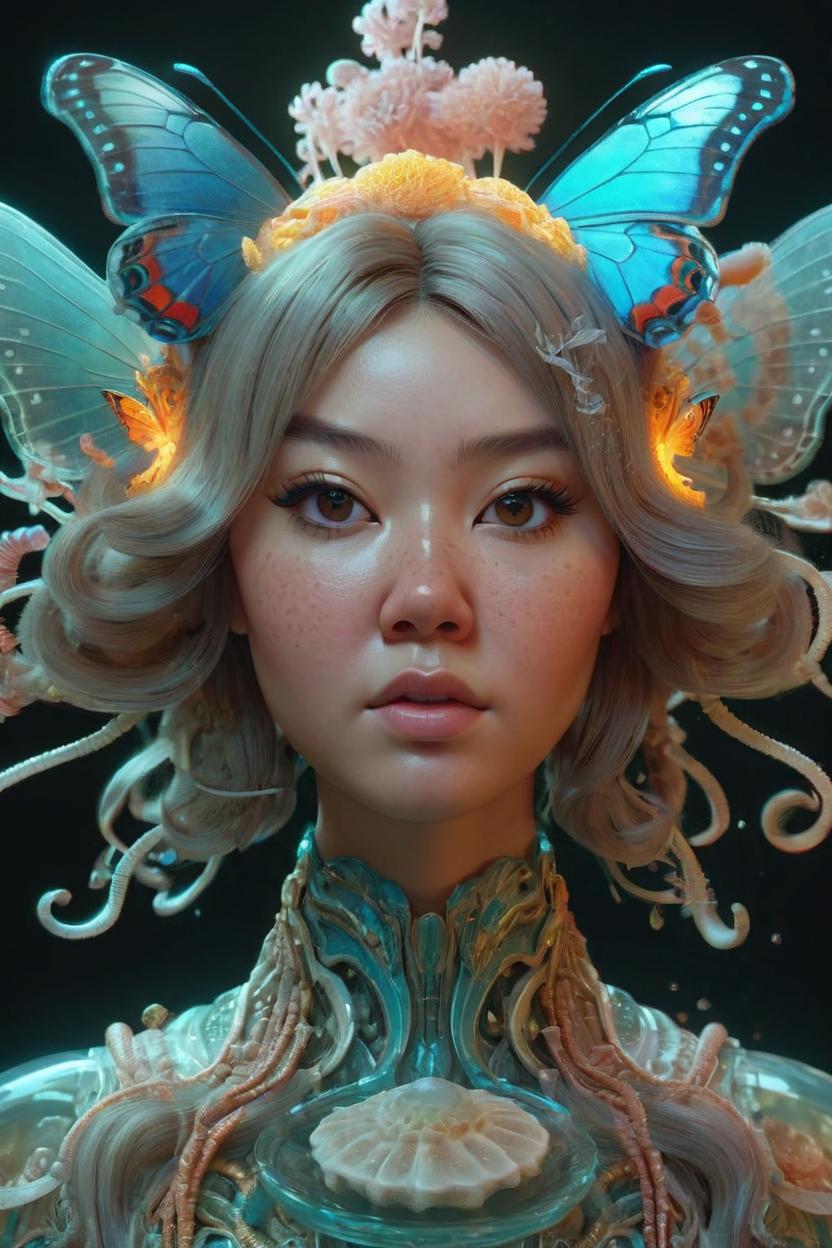 Artificial Intelligence (AI) generated image art, goddess portrait of woman , jellyfish butterfly phoenix head, intricate artwork by Tooth Wu and wlop and beeple, octane render, trending on artstation, feminine, greg rutkowski very coherent symmetrical artwork. cinematic, hyper realism, high detail, octane render, 8k