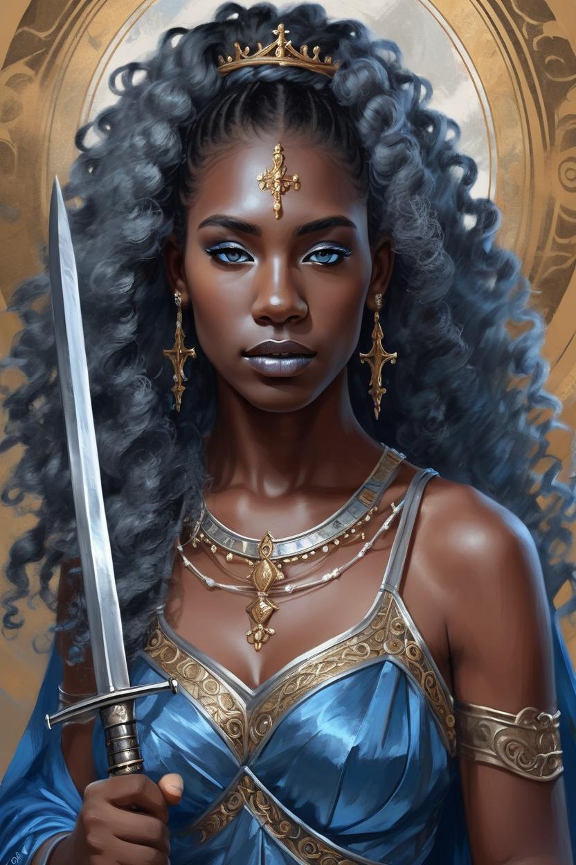 Artificial Intelligence (AI) generated image art, woman, (painted portrait) as young goddess of love, Greek god, blue and grey flowing gown, intricate, elegant, highly detailed, digital painting, illustration, concept art, smooth, sharp focus, symmetric face, cinematic, detailed face, holding sword, award winning photo