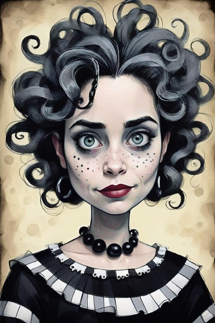 Artificial Intelligence (AI) generated image art, A cartoon portrait of woman in the style of Tim Burton