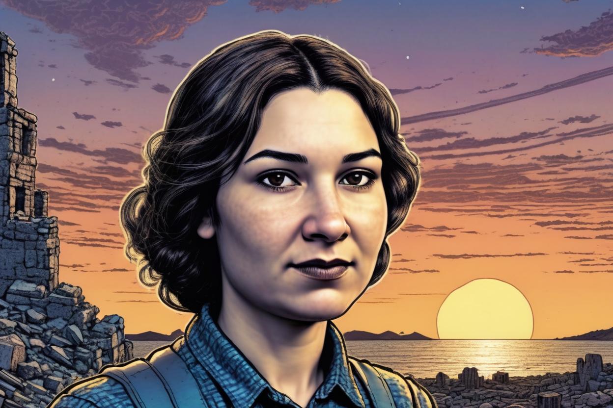 Artificial Intelligence (AI) generated image art, woman, (small empty area above head),(Robert Crumb comic book style), illustration, comics, portrait, scifi, landscape, face, scifi ruins background, sunset
