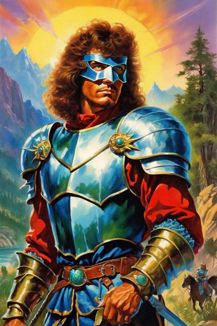 Artificial Intelligence (AI) generated image art, man, (classic fantasy pulp book cover art), (colton) as fantasy knight man, illustration, art by Boris Vallejo, 80s fantasy art, portrait, landscape, likeness to model (man) colorful eye-catching strange Sifi background ((realistic portrait)) of (man)