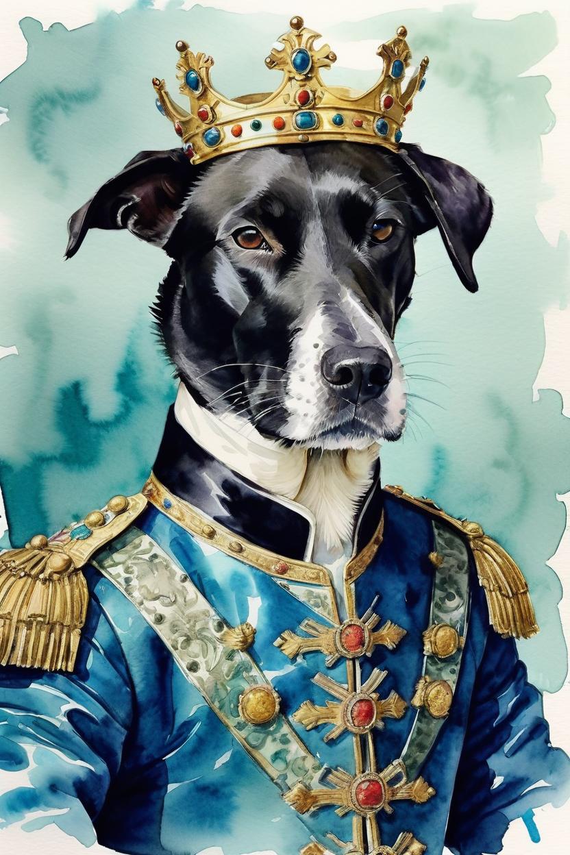 Artificial Intelligence (AI) generated image art, dog, watercolor, fashion illustration, style of matt richards, wearing a 16th-century emperor outfit as a stately portrait