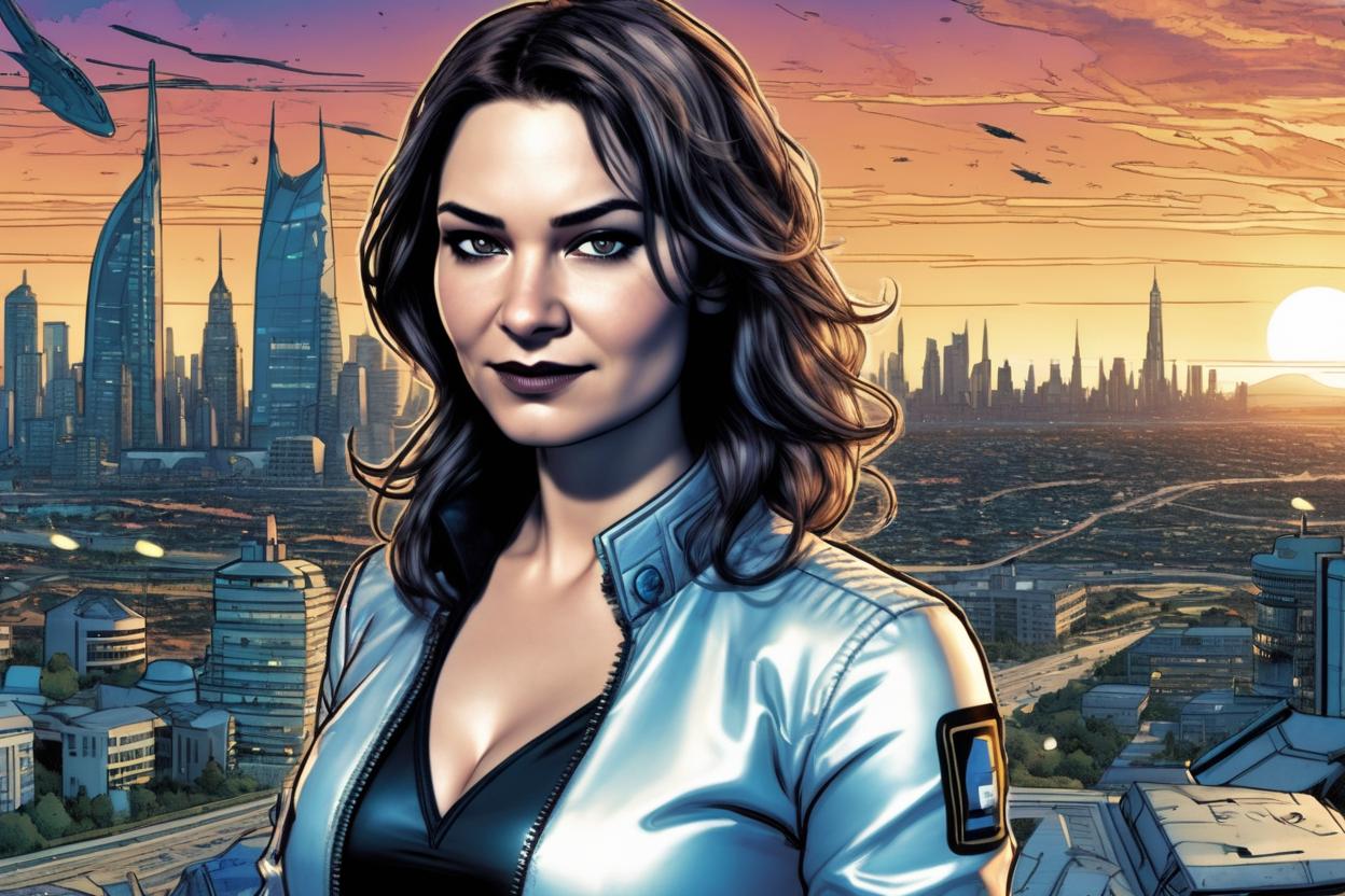 Artificial Intelligence (AI) generated image art, woman, beautiful female, (Jamie Hewlett comic book style), portrait, scifi city landscape, illustration, comics
