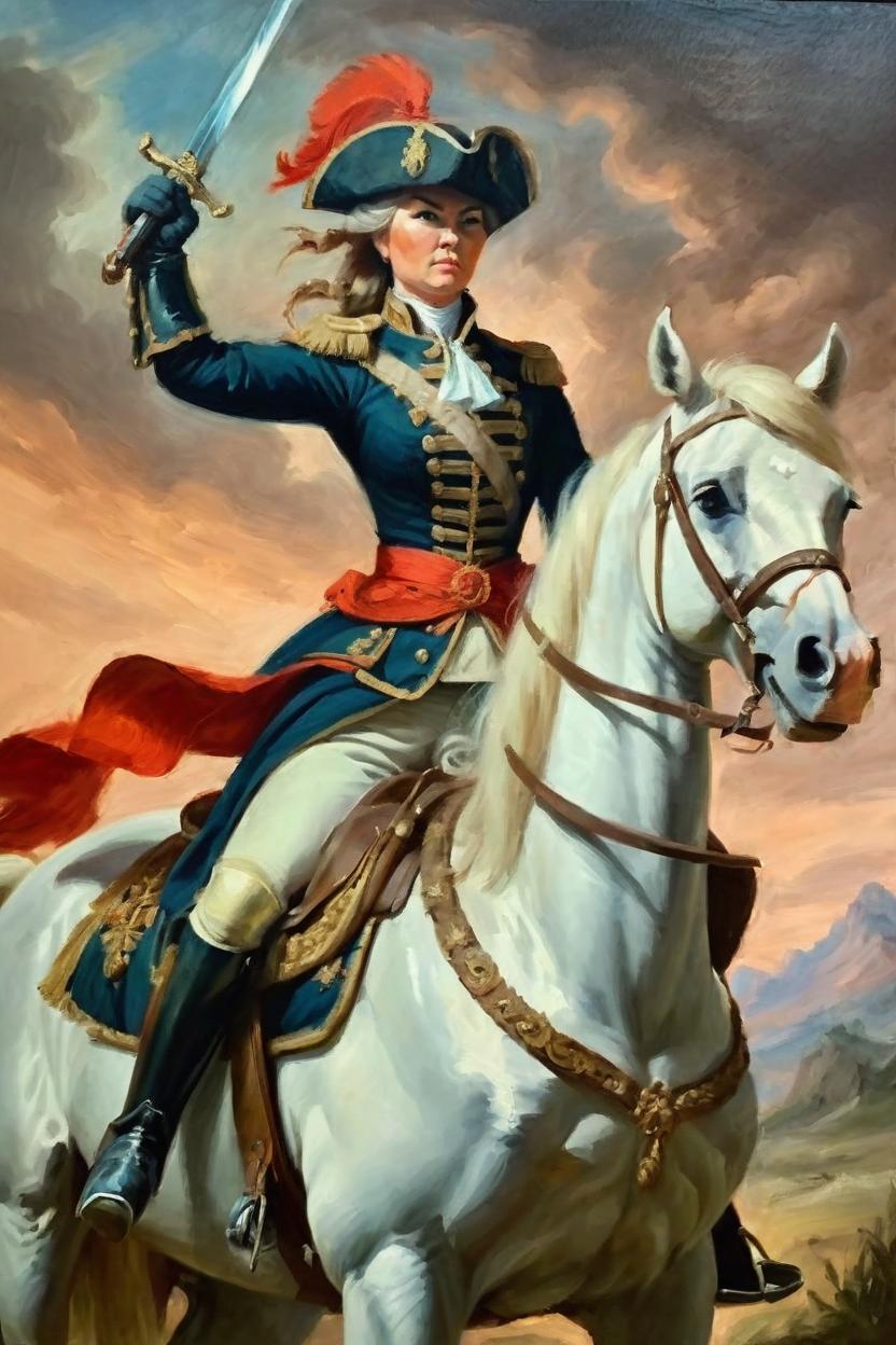 Artificial Intelligence (AI) generated image art, woman, oil painting, as 18th century bautiful female general, proud, on horseback, leading army, holding sword up, art by greg rutkowski