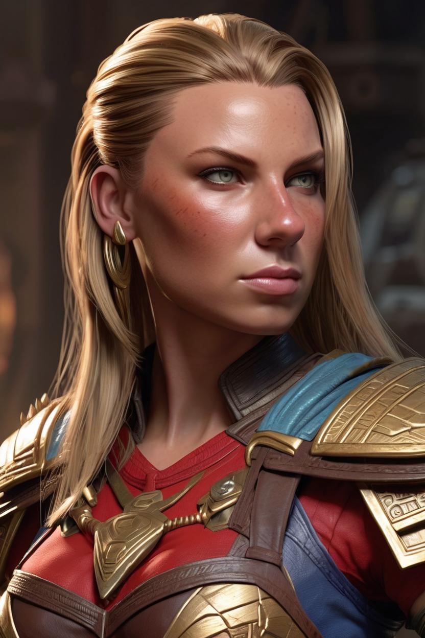 Artificial Intelligence (AI) generated image art, woman, ((portrait)), as a dora milaje female warrior with long blonde hair and a large bust, 4k, sci-fi, photorealistic, highly detailed, sharp focus, full body, dnd, art by greg rutkowski