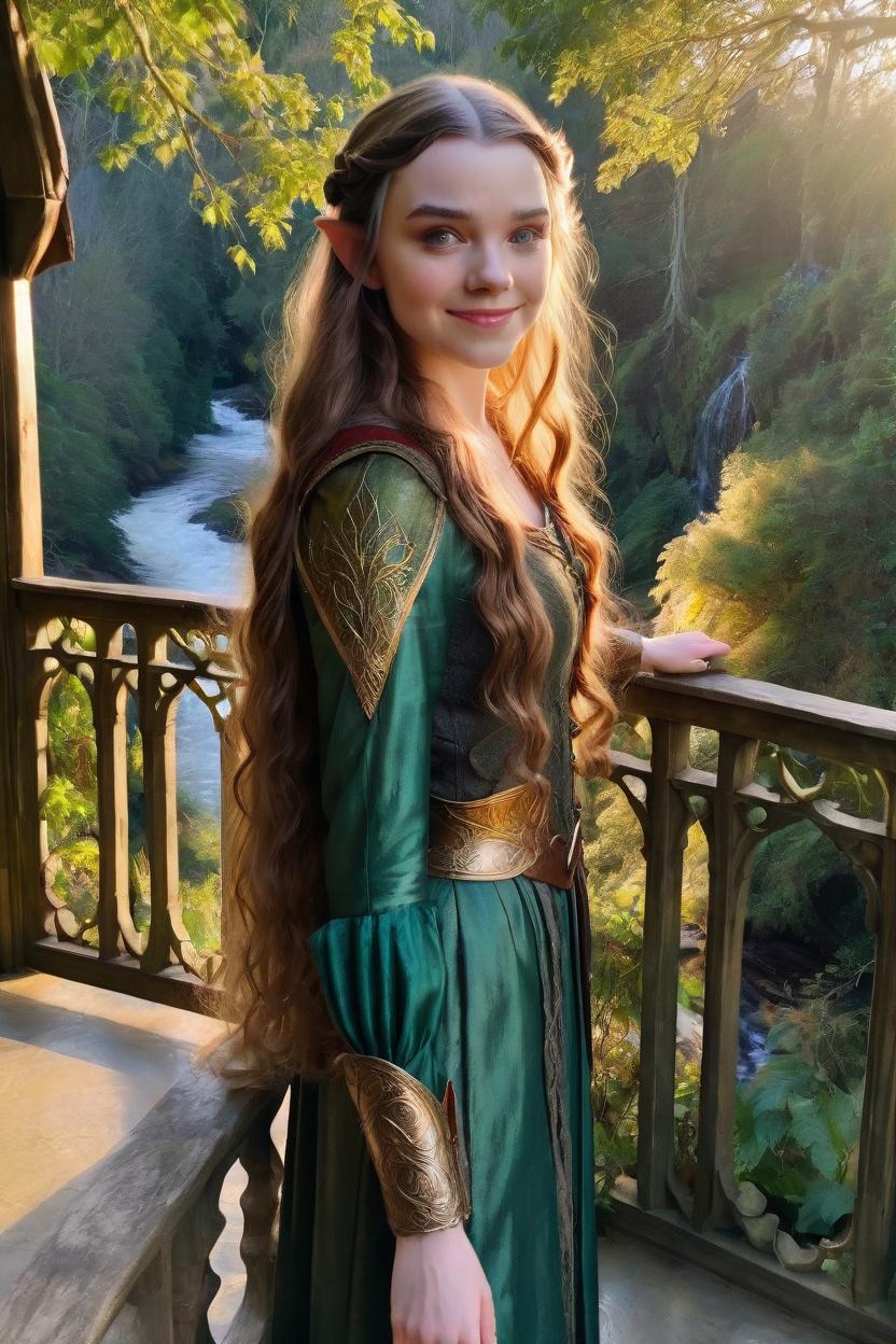 Artificial Intelligence (AI) generated image art, woman, Realistic face, as an elf in the style of the elves of Rivendell from the Lord of the Rings by Peter Jackson. Beautiful, graceful, long flowing hair. Full body, standing on the balcony, over a breathtaking forest in a valley that has a river running through it, in the distance. Beautiful soft golden light, everything appears to be faintly glowing