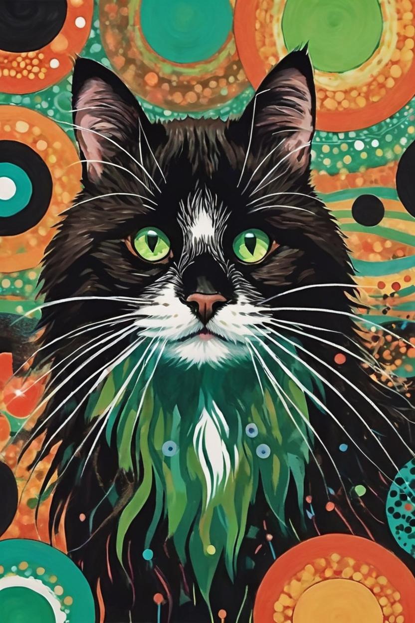 Artificial Intelligence (AI) generated image art, cat, illustration by Yayoi Kusama, far away angle landscape mode,piepie is brown with black faded stripes and has green eyes. In the background there are radiant and vibrant colors, hollowgraphic aesthetic, portrait, abstract background, long hair cat, cat eyes, artwork, colorful eye-catching circles dot background, abstract colorful strange background,