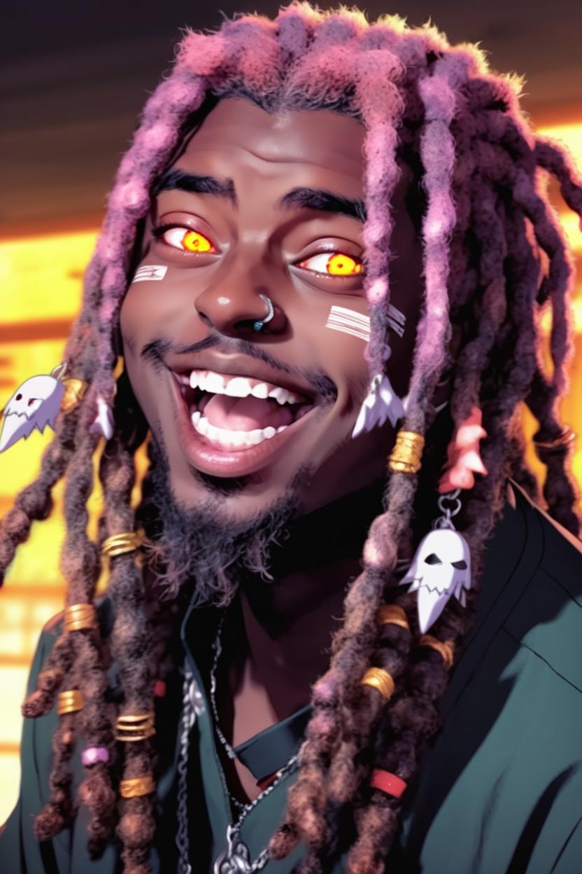 Artificial Intelligence (AI) generated image art, man, long dreads, as anime vampire guy laughing hysterically, anime guy from Moka Akashiya Rosario Vampire Kakegurui, long canines, extreme drama, glowing eyes, dark anime style, illustration