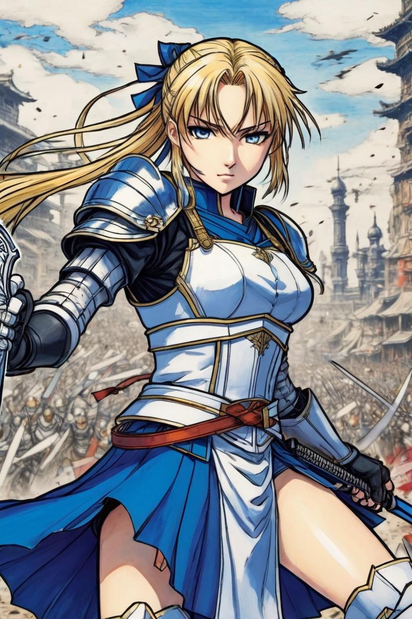 Artificial Intelligence (AI) generated image art, woman, manga concept, ink and colored pencil drawing, art by Tsukasa Abe, as Saber from Fate/zero, HIGHLY DETAILED, fate/zero manga background, holding her sword, in a battle