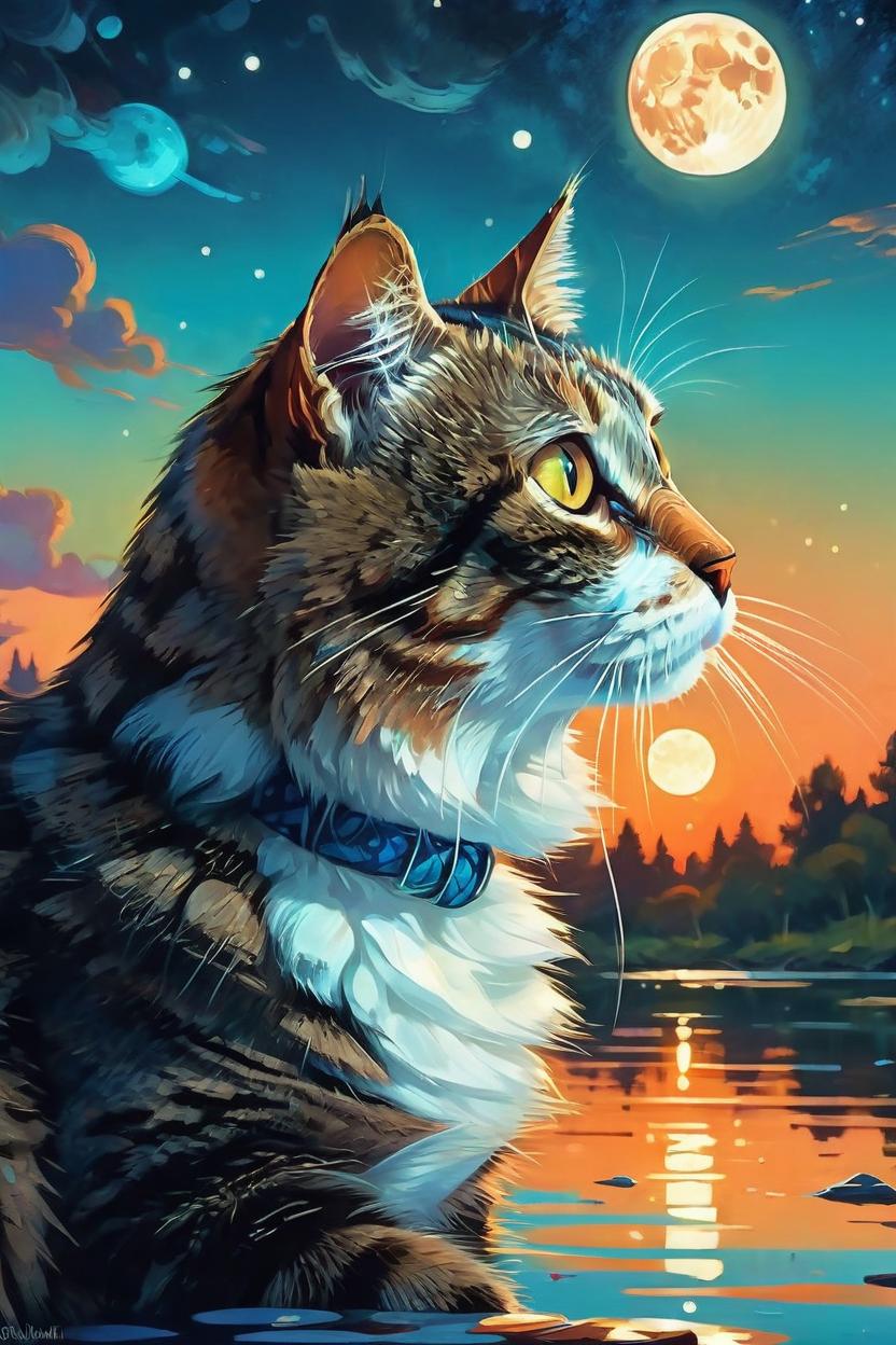 Artificial Intelligence (AI) generated image art, cat as a beautiful cat, fantasy art, medium shot, asymmetrical, intricate, elegant, illustration, by rhads, by greg rutkowski, by greg tocchini, by james gilleard, by joe fenton accurate, realistic, cute, funny, magical,very starry sky, full moon reflecting on a lake.