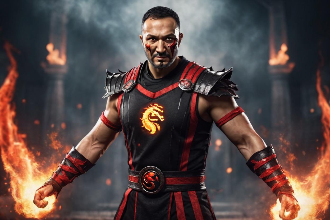 Artificial Intelligence (AI) generated image art, man as mortal kombat fighter, full body portrait, wearing black and red mortal kombat costume , fire aura around his hands , coliseum background, epic, cinematic lighting, 4k, sharp focus, face looks like daniel , realistic face, high detailed ,art by greg rutkowski