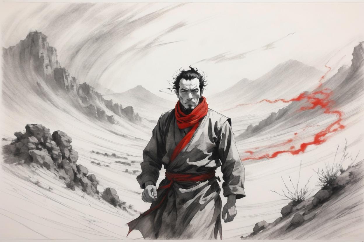 Artificial Intelligence (AI) generated image art, man, mystical Cheikh, In a windy desert, yoji shinkawa, b&w, pencil drawing, ink, manga, concept art, black and red ink
