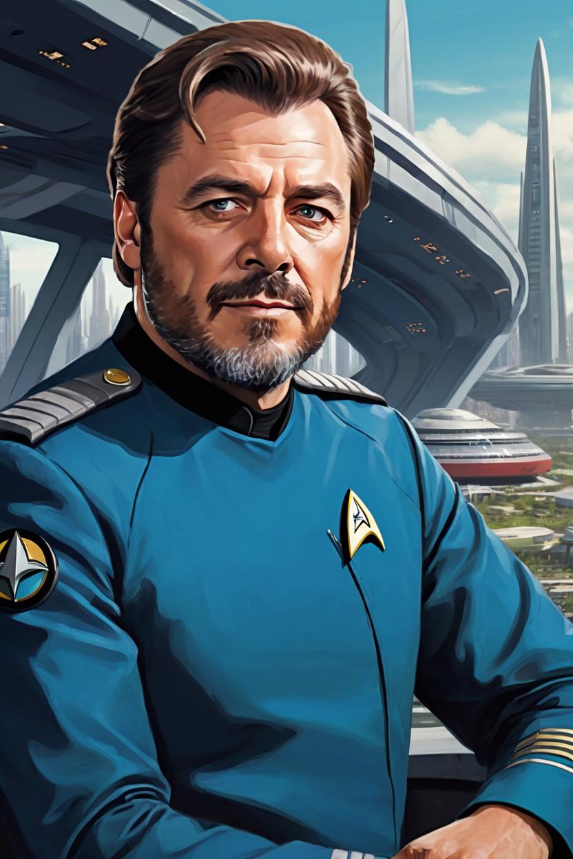 Artificial Intelligence (AI) generated image art, man, handsome ((Starfleet officer)), star trek, next generation, portrait, scifi city landscape, illustration.