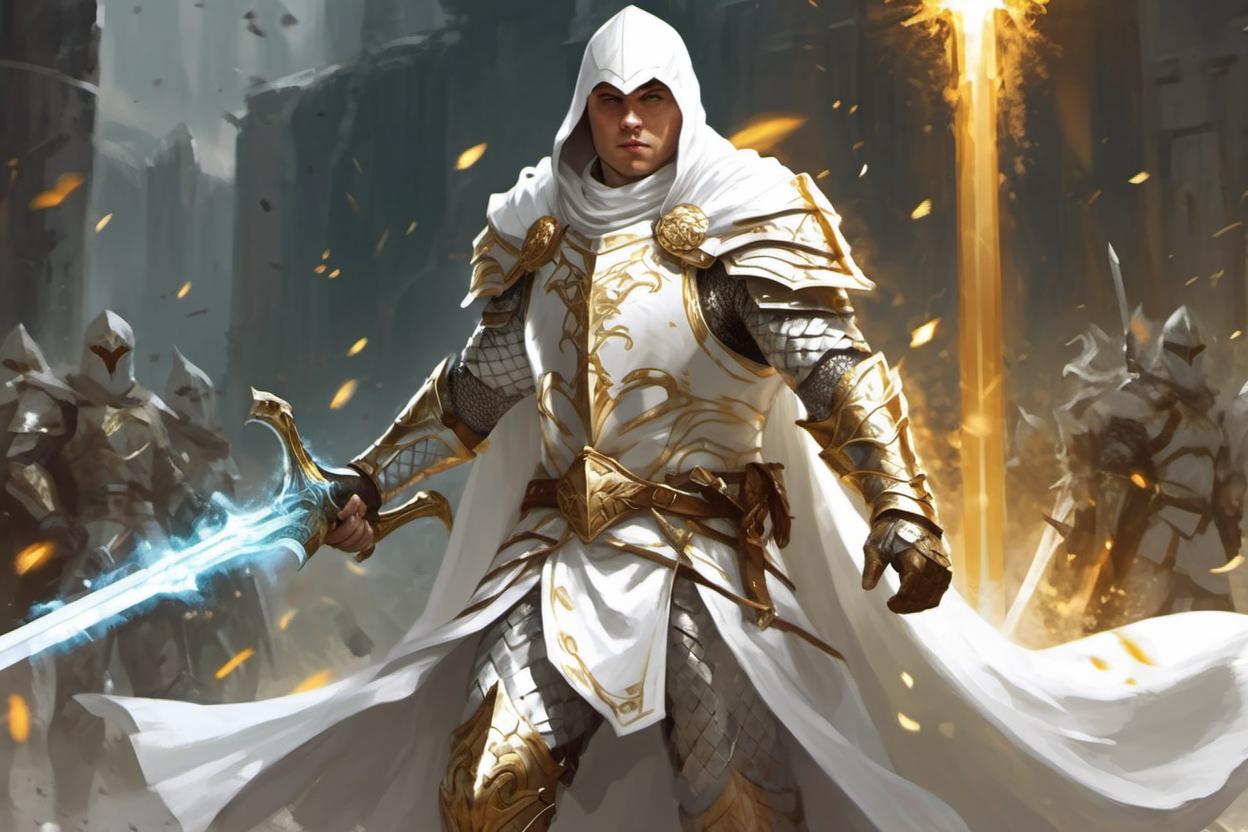 Artificial Intelligence (AI) generated image art, man, fantasy paladin, white and gold armor, white cloak, Magic sword, in the thick of battle, front lines, leading army, heroic look, far shot, D&D 5e art style