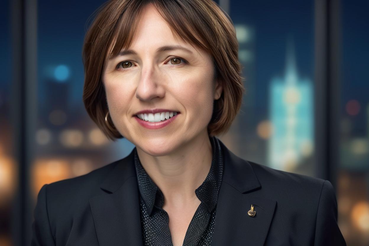 Artificial Intelligence (AI) generated image art, woman as a beautiful woman, 3/4 portrait, shot on Hasselblad lens, wearing a fashionable dark business suit, no tie, silk blouse with V-neck, high definition, realistic, photo realistic, looking crisp and sharp, with an office background, bokeh effects, stunning quality, soft lighting
