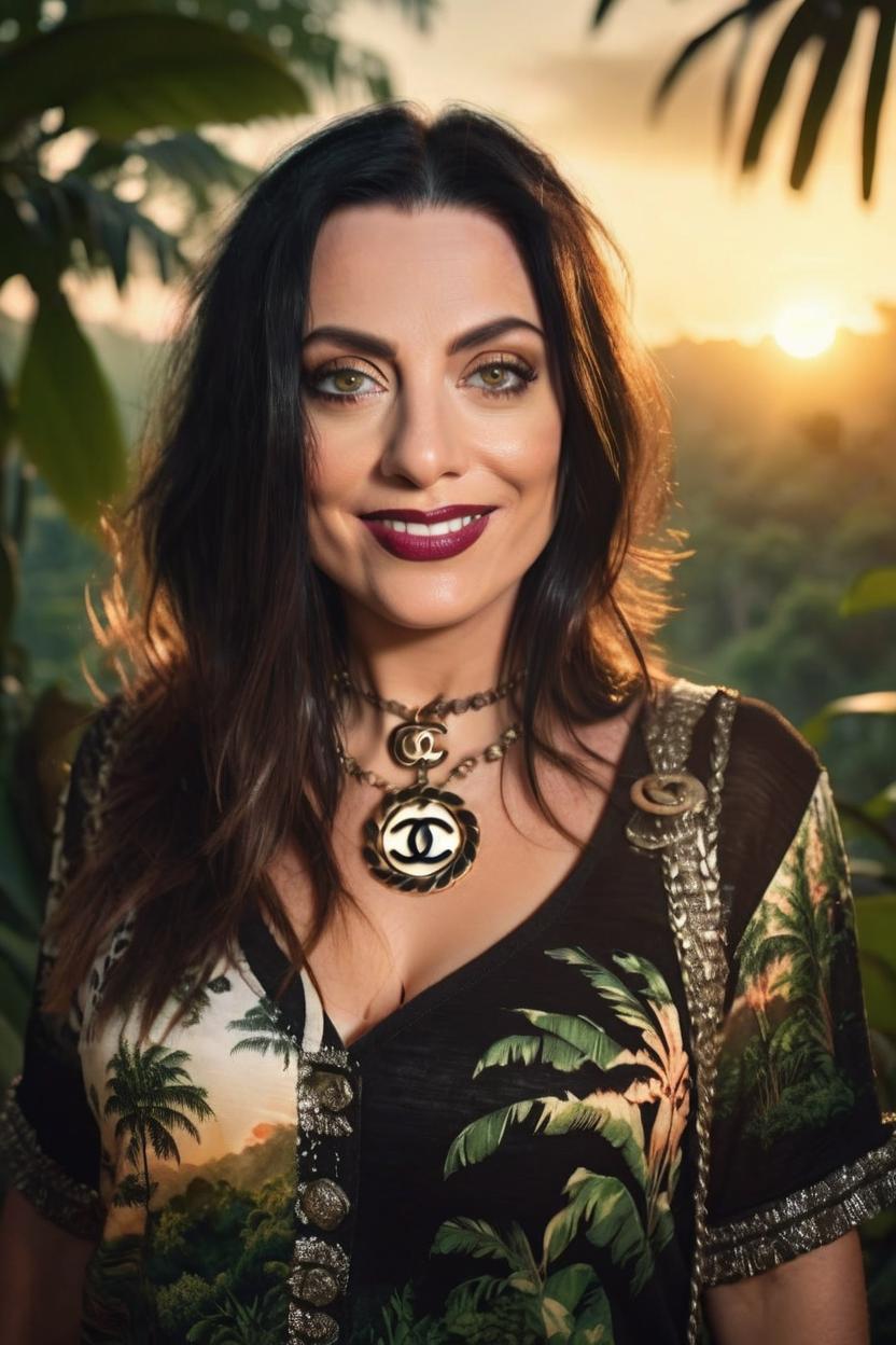Artificial Intelligence (AI) generated image art, woman, as a Chanel parfum model, natural eyes, portrait, jungle background, epic, cinematic lighting, sunser, sunset, 4k, sharp focus, art by greg rutkowski