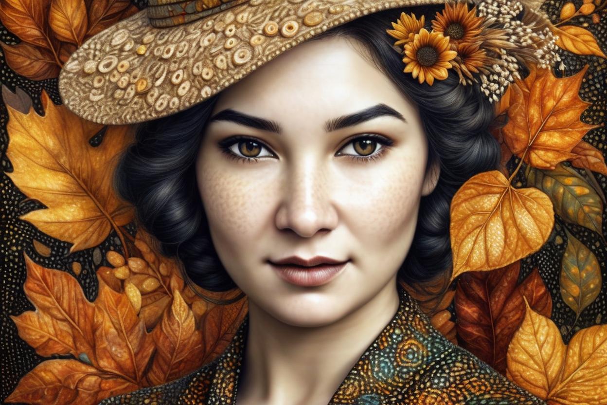 Artificial Intelligence (AI) generated image art, woman, fall inspired art, digital painting, in the style of sophie wilkins, irene sheri, naoto hattori, pointillist artworks, chic illustrations, lush brushstrokes, 1970s