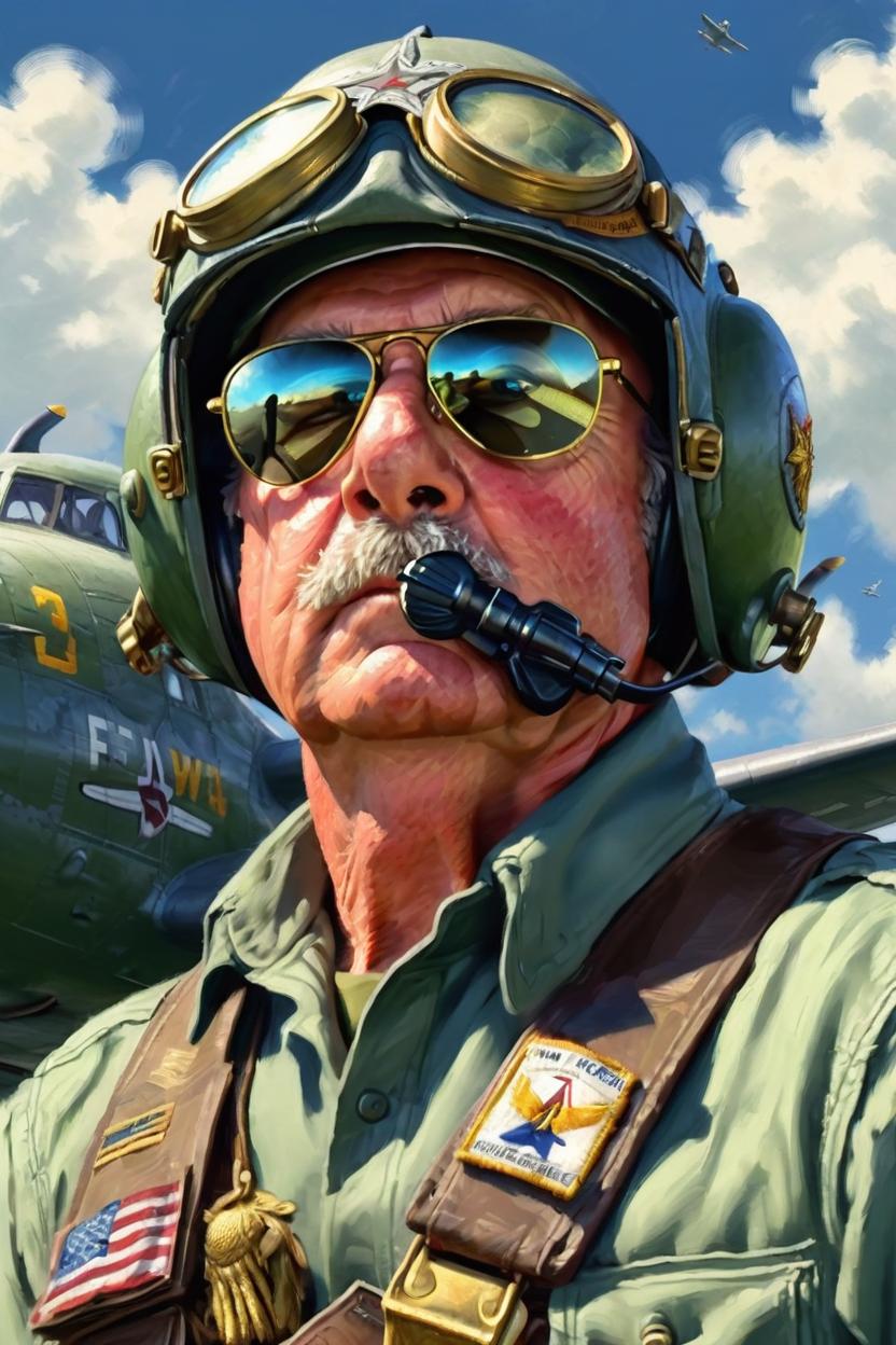 Artificial Intelligence (AI) generated image art, man, (portrait), ((((torso)))), 1940s WAC, airforce pilot, adventure, pulp novel, WWII propaganda, art by Greg Rutkowsi, highly detailed, sharp focus, 4k, b-17 flying fortress background