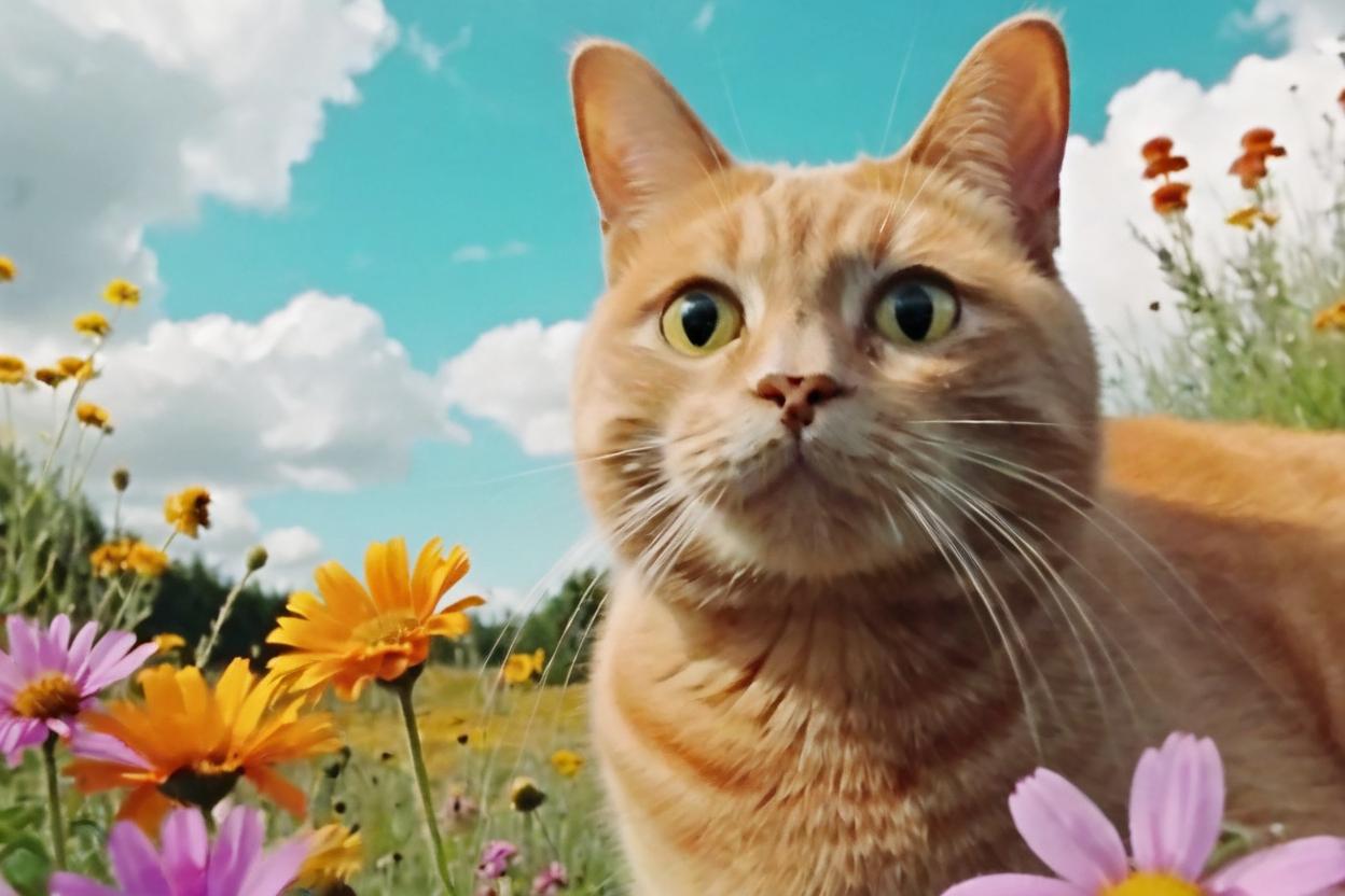 Artificial Intelligence (AI) generated image art, 4 cats ((cat)) ((Sylvester)) ((LolaEbola)) ((Piepie)) cutely sit in a big Feild of colorful wildflowers, cat is an orange shorthair playful big round pupil eyed male cat in a playful stance, next to him is (Sylvester) Sylvester the long hair tuxedo Ragdoll cat who is sitting pretty and looking cute, Next to him is (LolaEbola) LolaEbola pawing at a small bumblebee flying by, Piepie (piepie) is laying down sunbathing in the warm summer air, vibrant, colorful, realistic likeness to cats, all 4 cats look cute and playful while enjoying being outside in the Feild of colorful wildflowers. White fluffy clouds are above them and in the background, cute, illustration, ((landscape))