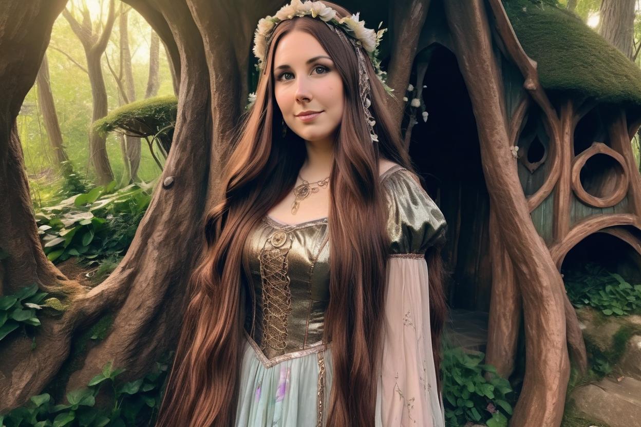 Artificial Intelligence (AI) generated image art, woman, lord of the rings princess, hyper realistic, 4k, full body, long dress, headdress, long flowy brown hair, nose ring, whimsical, in a fairy land, elven structures