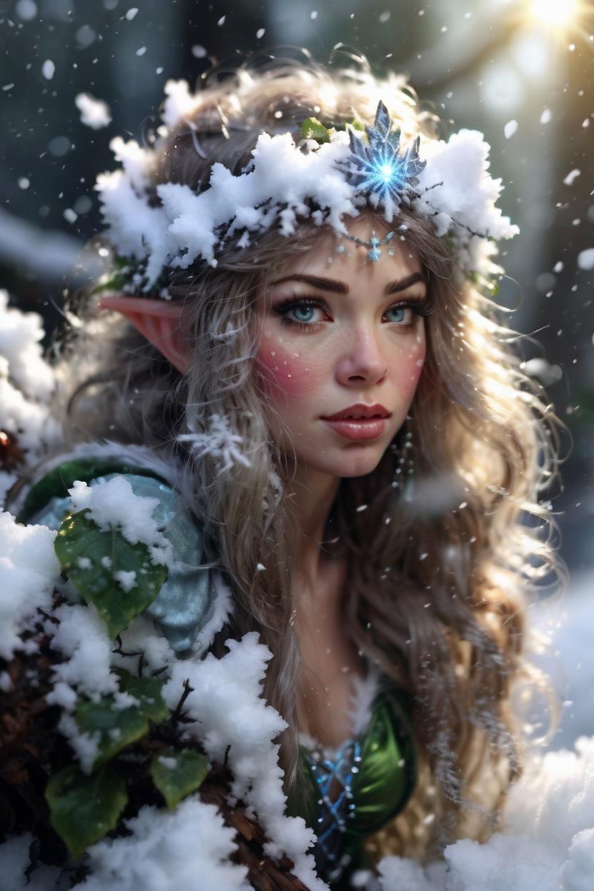 Artificial Intelligence (AI) generated image art, woman, woman portrait, photorealistic, digital art image in the style of Duffy Sheridan, jscott campbell, snow hyper detailed images, martin rak snow falling fairy flwarm backlighting ying