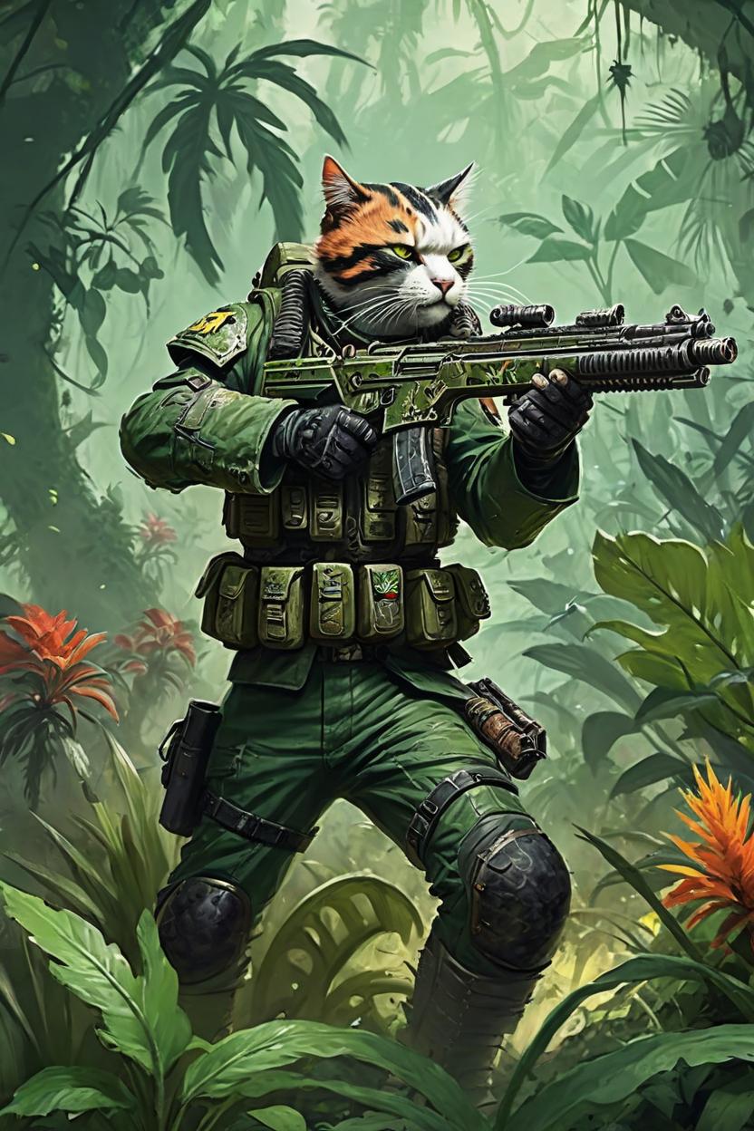 Artificial Intelligence (AI) generated image art, man, as a Catachan jungle fighter CATACHAN JUNGLE FIGHTERS, shooting at plants, art by Artur Nakhodkin, Warhammer 40K artwork under the category of Astra Militarum, a deathworld where even the plants are dangerous