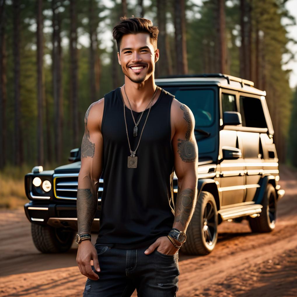 Artificial Intelligence (AI) generated image art, Photorealistic detail, handsome, and beautiful, picture of man in front of a black Mercedes wagon in the evening light of the woods on a dirt road. man is dressed in fashionable outdoor gear. portrait photography, (handsome) man, muscular, beautiful man, strong and healthy man, perfect proportions, detailed, clean, sharp, focus. Shot on Hasselblad H6D-400c lens. man has a slim figure, is strong, incredibly attractive, and appears trustworthy. Picture is upper body shot, projecting warmth, confidence, and approachability. There is excellent lighting, and the face is illuminated well. The soft natural lighting accentuates the subject's perfect features. He has a (detailed face), natural (detailed eyes), and (symmetrical) eyes and facial features. His skin is toned perfectly and is very healthy. The expression is natural in a candid moment, and he appears genuinely happy. A cool tattoo is partially visible on his forearm.